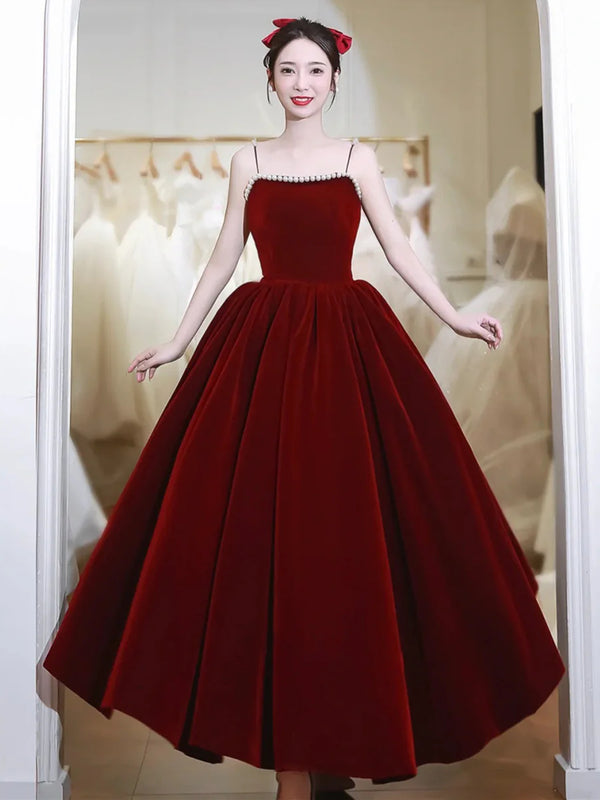 A Line Knee Length Burgundy Velvet Prom Dresses, Burgundy Homecoming D
