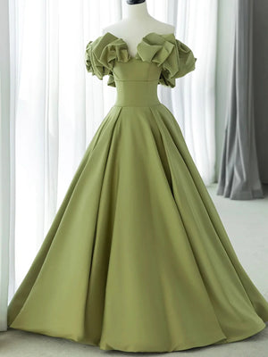 A Line Off Shoulder Green Satin Long Prom Dresses, Long Green Formal Graduation Evening Dresses