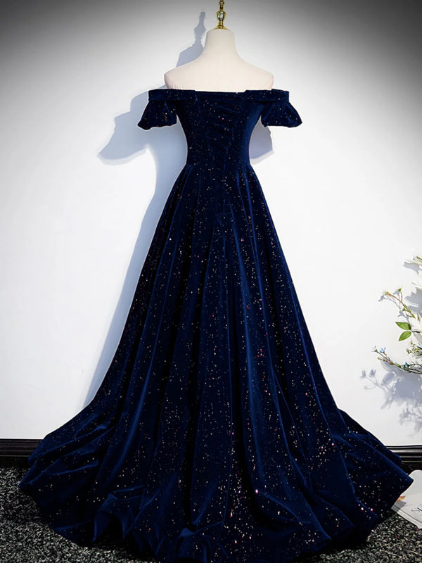 A Line Off the Shoulder Dark Navy Blue Velvet Long Prom Dresses, Dark - shegown A Line Off the Shoulder Dark Navy Blue Velvet Long Prom Dresses, Dark - shegown