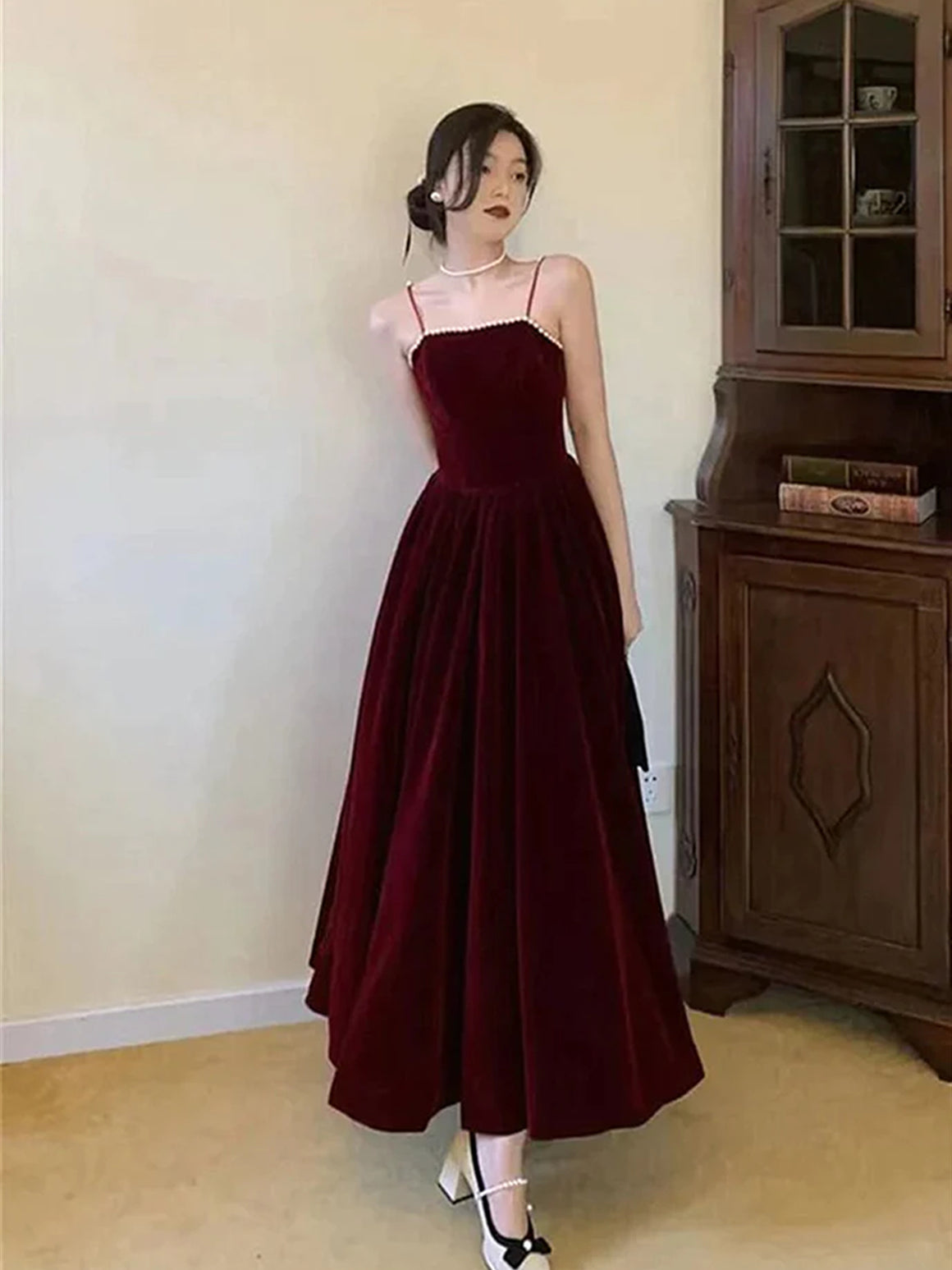 A Line Open Back Ankle Length Burgundy Velvet Prom Dresses, Wine Red Formal Graduation Evening Dresses