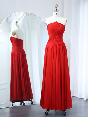 A Line Strapless Open Back Red Long Prom Dresses with High Slit, Red Chiffon Formal Graduation Evening Dresses