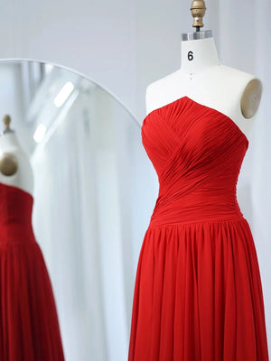 A Line Strapless Open Back Red Long Prom Dresses with High Slit, Red Chiffon Formal Graduation Evening Dresses