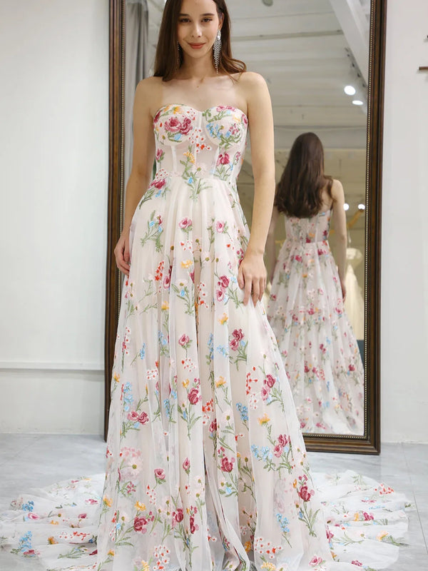 A Line Sweetheart Neck Floral Long Prom Dresses, Embroidery Floral For - shegown A Line Sweetheart Neck Floral Long Prom Dresses, Embroidery Floral For - shegown