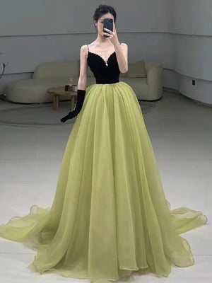 A Line V Neck Black and Green Tulle Long Prom Dresses, Black and Green Tulle Long Formal Evening Dresses
