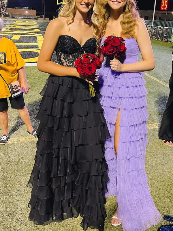 Off the Shoulder Black Layered Lace Prom Dresses, Black Layered Lace Formal Evening Dresses main image 1