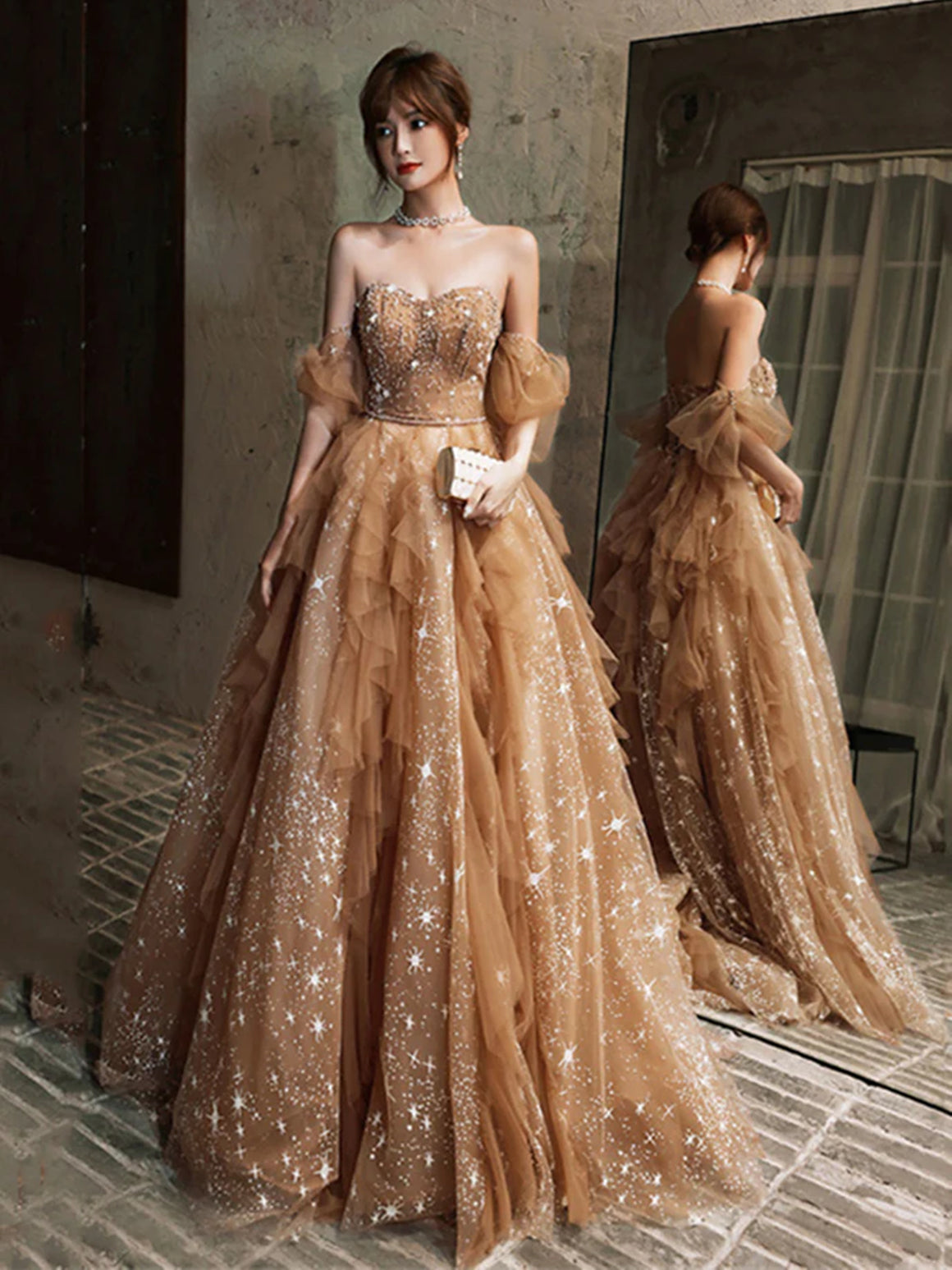 Gorgeous Off Shoulder Beaded Champagne Long Prom Dresses, Shiny Champagne Formal Evening Dresses