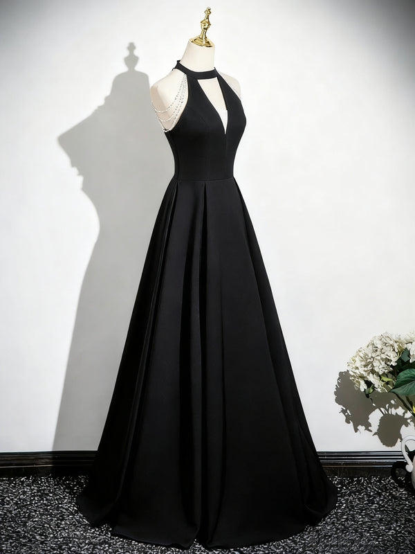 Halter Neck Black V Neck Long Prom Dresses, V Neck Black Halter Neck F