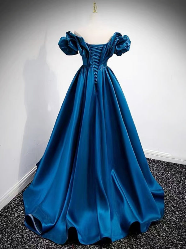 Simple Blue Satin Off Shoulders Side Slit Prom Dress Graduation Occasion Dress