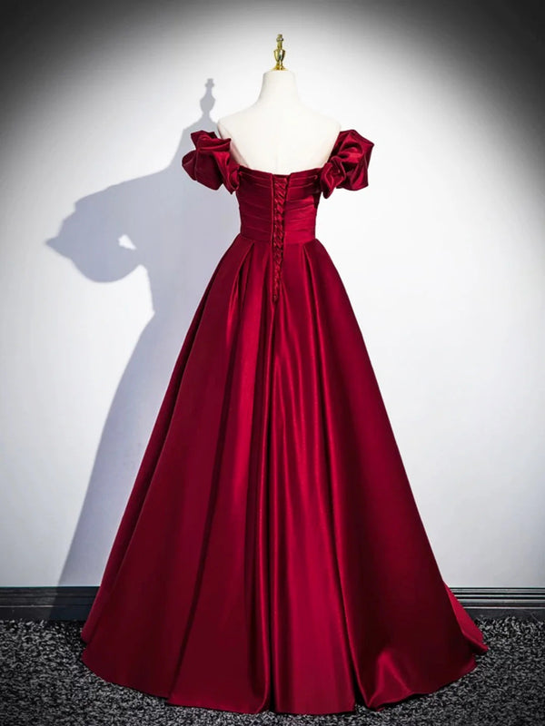 Wine Red Floral Satin Off Shoulder Prom Dress with Bow, Wine Red Satin Evening Dress