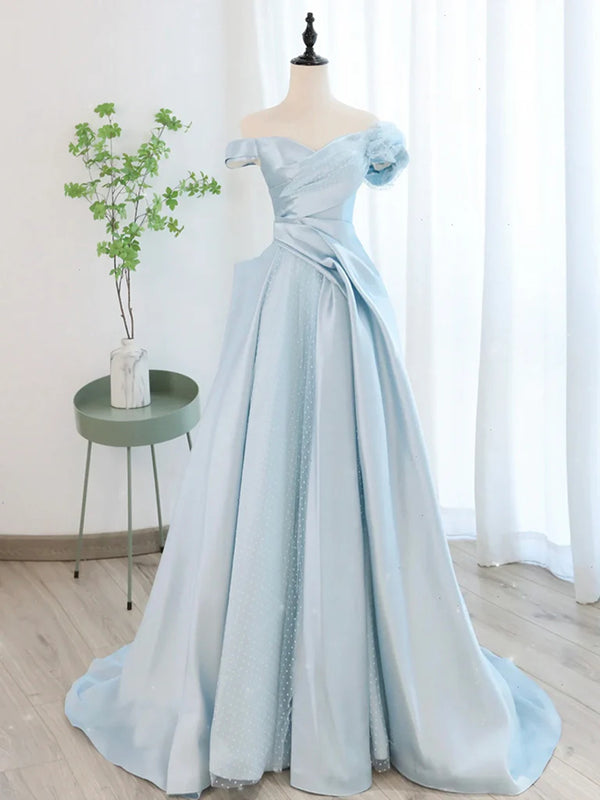 Off the Shoulder Light Blue Satin Long Prom Dresses, Light Blue Satin