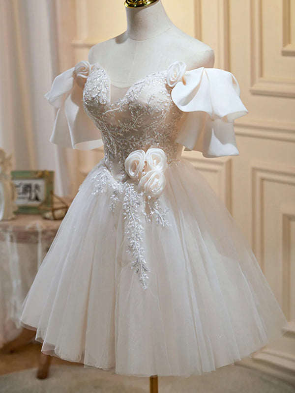 Off the Shoulder Short Champagne Lace Prom Dresses, Short Champagne Lace Formal Homecoming Dresses main image 0
