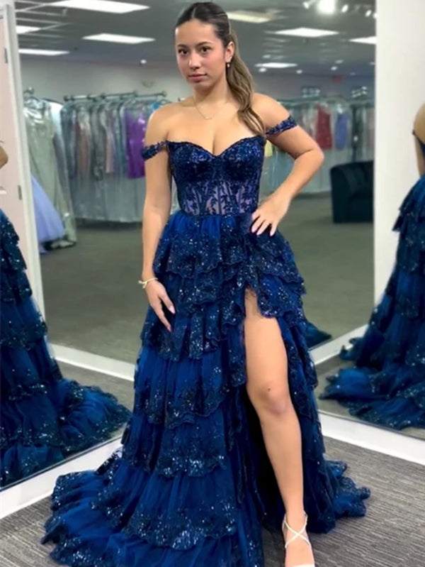 Off the Shoulder Navy Blue Pink White Black Red Lace Layered Lace Prom ...