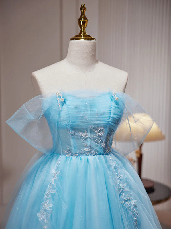 Off the Shoulder Short Blue Satin Prom Dresses, Short Blue Homecoming Graduation Dresses