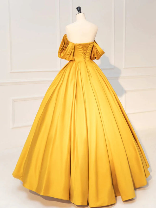 Strapless Sweetheart Neck Yellow Satin Long Prom Dresses with 3D Flowers, Yellow Floral Formal Evening Dresses EP1570 main image 0