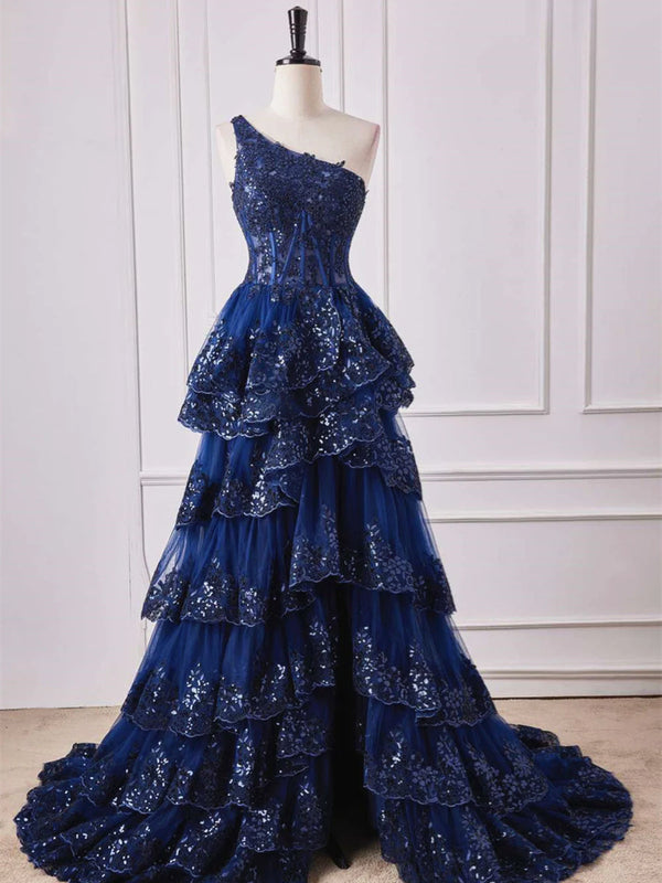 beautiful navy blue dress One Shoulder Dark Long Lace Prom Dresses, One Shoulder Dark Navy Blue Lace Formal Dresses, US 16 / Custom Color / With Rush+$19.99 SIZE:9 Yrs Royal Blue vs Navy quinceañera dances type: Long Dresses