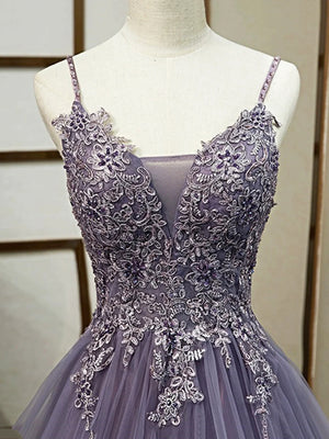 Purple V Neck Lace Prom Dresses, Purple V Neck Lace Formal Evening Dresses