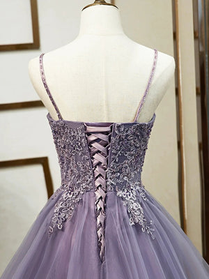 Purple V Neck Lace Prom Dresses, Purple V Neck Lace Formal Evening Dresses