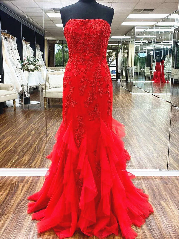 Red Tulle Ruffle Lace Mermaid Prom Dresses, Red Lace Ruffle