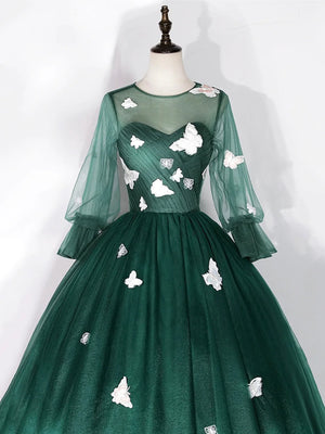 Round Neck Long Sleeves Green Long Prom Dresses with Butterfly Appliques, Long Sleeves Green Formal Evening Dresses, Green Ball Gown