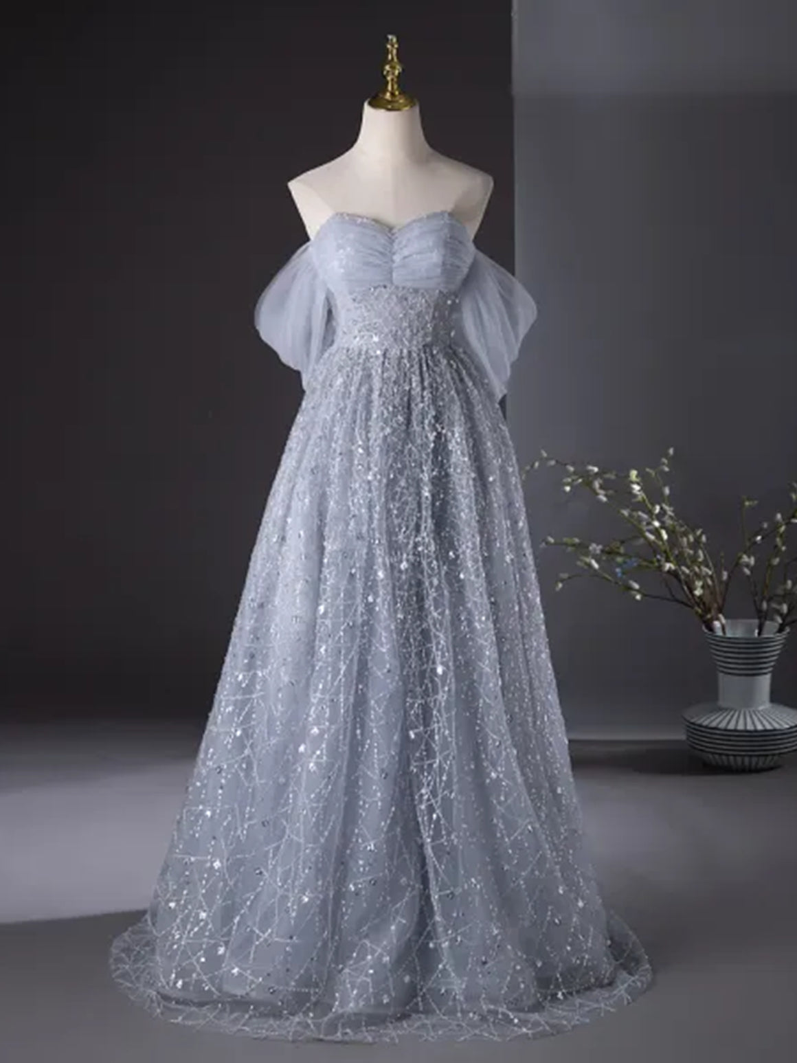 Shiny Sequins Off Shoulder Gray Long Prom Dresses, Off the Shoulder Gray Formal Dresses, Grey Evening Dresses