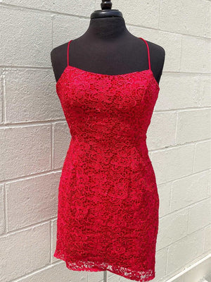 Short Backless Red Lace Prom Dresses, Open Back Short Red Lace Formal Homecoming Dresses