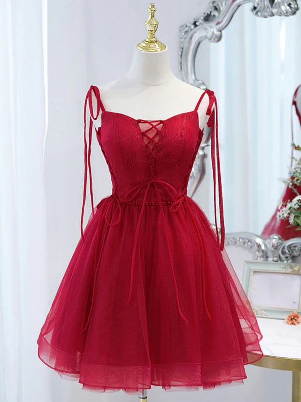 Short Red Tulle Lace Prom Dresses, Dark Red Short Lace Tulle Formal Homecoming Dresses, US 4 / Custom Color / With Rush+$19.99