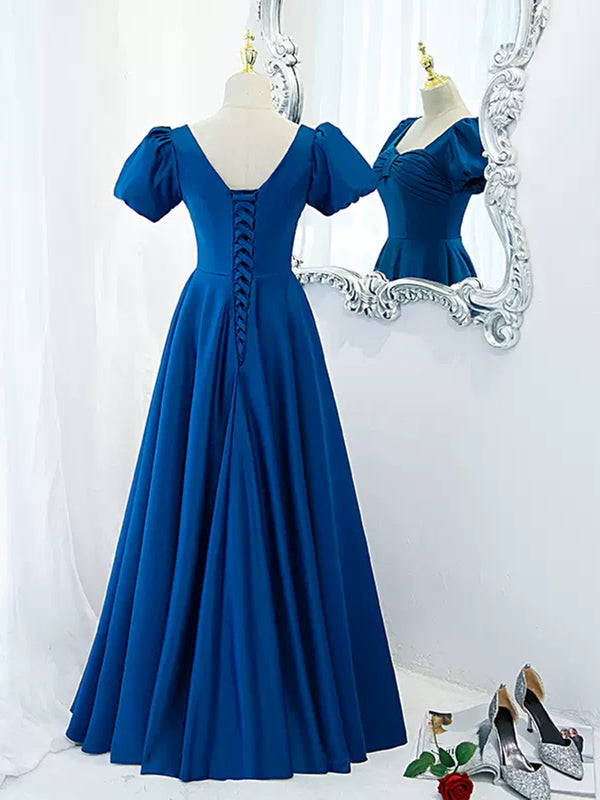 Short Sleeves Blue Long Prom Dresses, Short Sleeves Blue Long Formal E