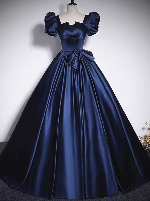 Short Sleeves Dark Blue Long Prom Dresses, Dark Blue Short Sleeves Lon