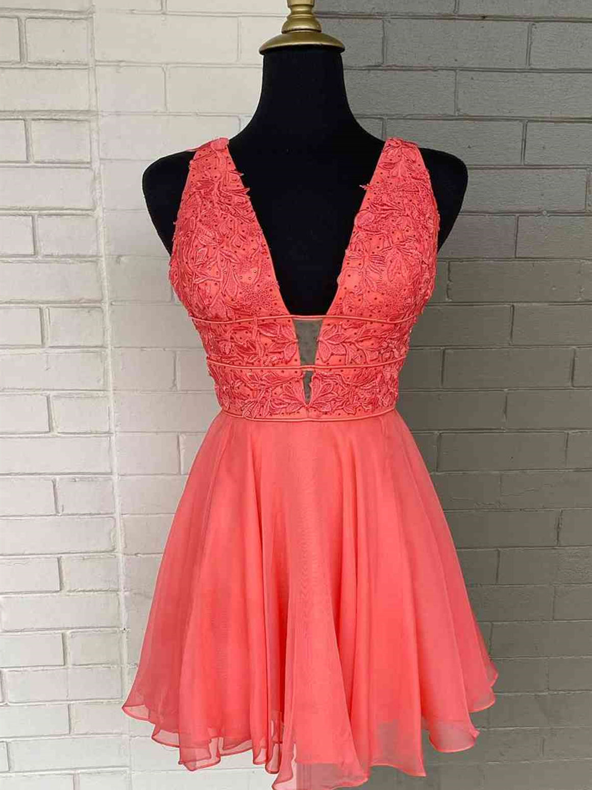 Short V Neck Coral Lace Prom Dresses, V Neck Coral Lace Formal Homecoming Dresses