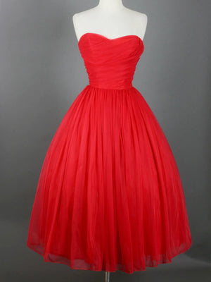 Simple Strapless Red Tulle Short Prom Dresses, Red Tulle Homecoming Dresses, Short Red Formal Evening Dresses