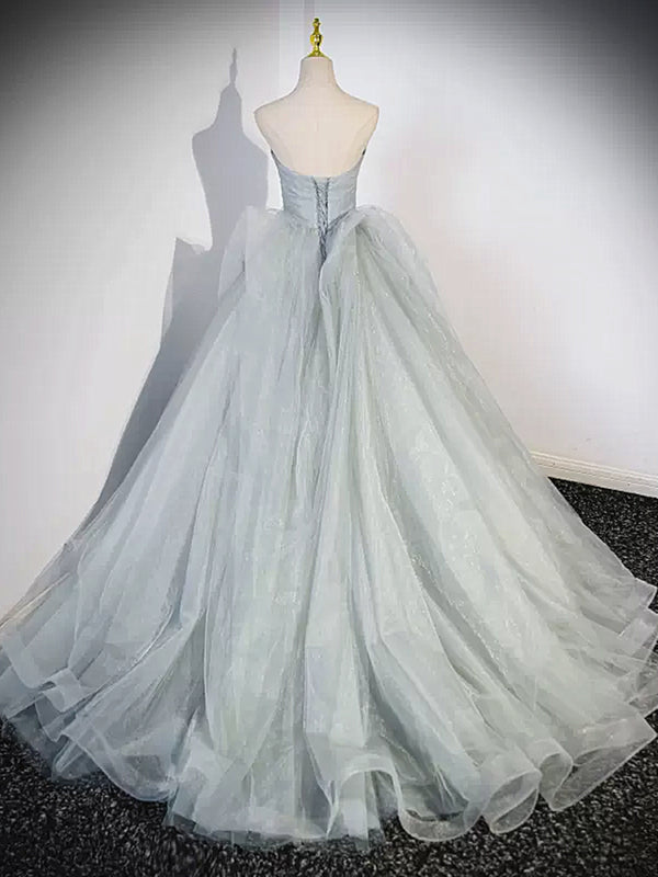 5022 Grey Strapless Tulle Evening Dress