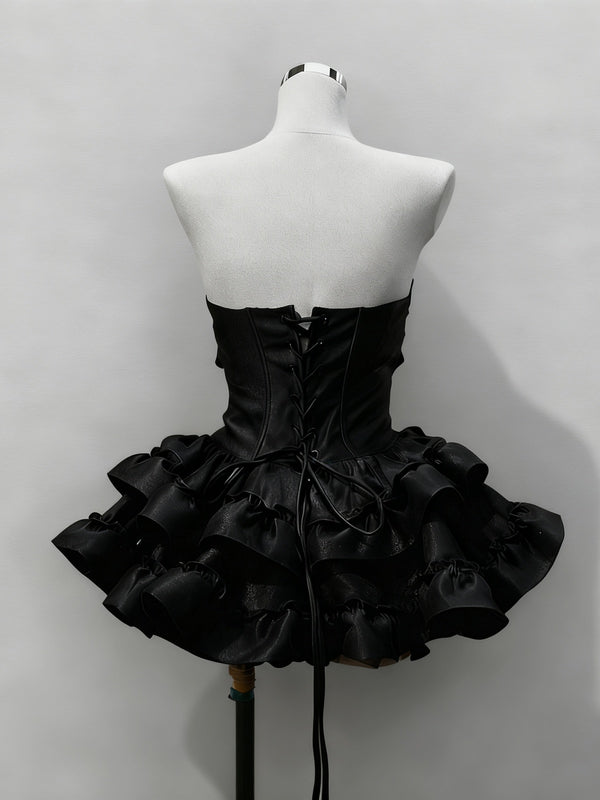 Strapless Short Black Puffy Satin Prom Dresses, Short Black Satin Form