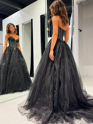 Strapless Sweetheart Neck Black Tulle Long Prom Dresses, Long Black Formal Graduation Evening Dresses