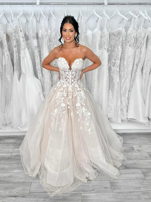 Strapless V Neck Champagne Lace Long Prom Dresses, Champagne Lace Wedd - shegown Strapless V Neck Champagne Lace Long Prom Dresses, Champagne Lace Wedd - shegown
