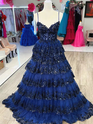 V Neck Blue White Red Black Layered Lace Prom Dresses, V Neck LayeredLace Formal Dresses