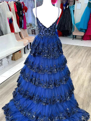 V Neck Blue White Red Black Layered Lace Prom Dresses, V Neck LayeredLace Formal Dresses