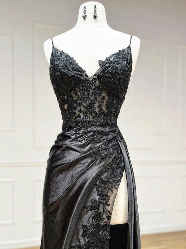 V Neck High Slit Black Lace Prom Dresses, Long Black Lace Formal Eveni
