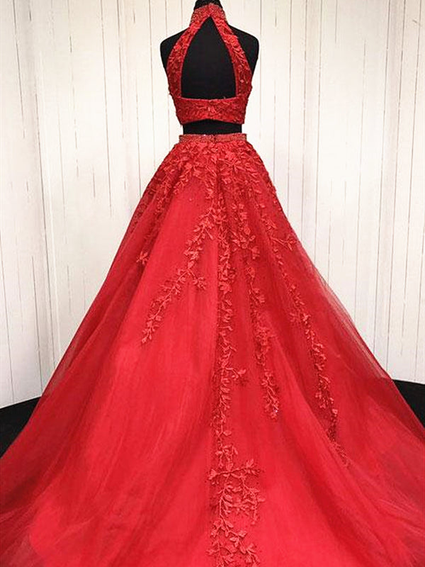 2 Pieces Pink Red Lace Prom Dresses, Two Pieces Pink Red Tulle Lace Formal Evening Dresses, Custom Size / Red as Pics / No Rush