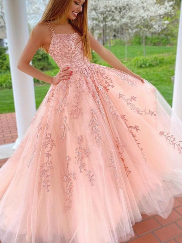 A Line Pink Long Lace Prom Dress with Double Straps, Pink Long Lace Fo - shegown A Line Pink Long Lace Prom Dress with Double Straps, Pink Long Lace Fo - shegown