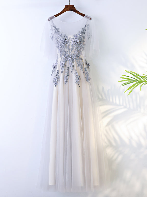 A Line Round Neck Half Sleeves Gray Lace Prom Dresses, Gray Floral Lon