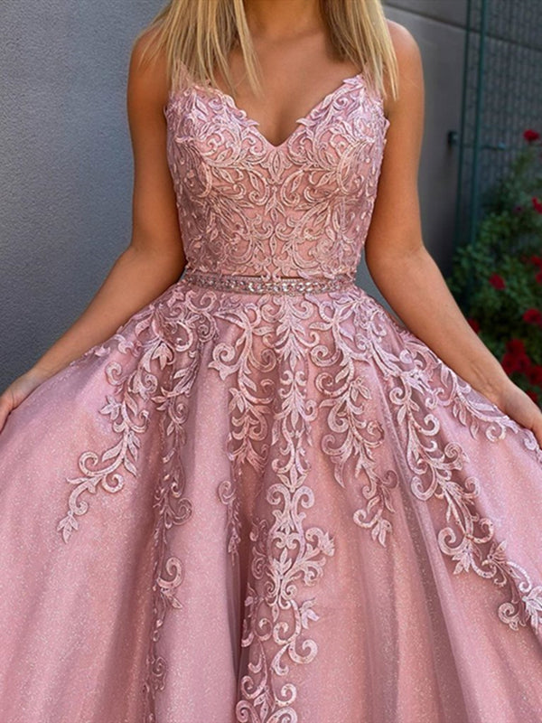 A Line V Neck 2 Pieces Pink Lace Prom Dresses, Two Pieces Pink Lace Fo - shegown A Line V Neck 2 Pieces Pink Lace Prom Dresses, Two Pieces Pink Lace Fo - shegown