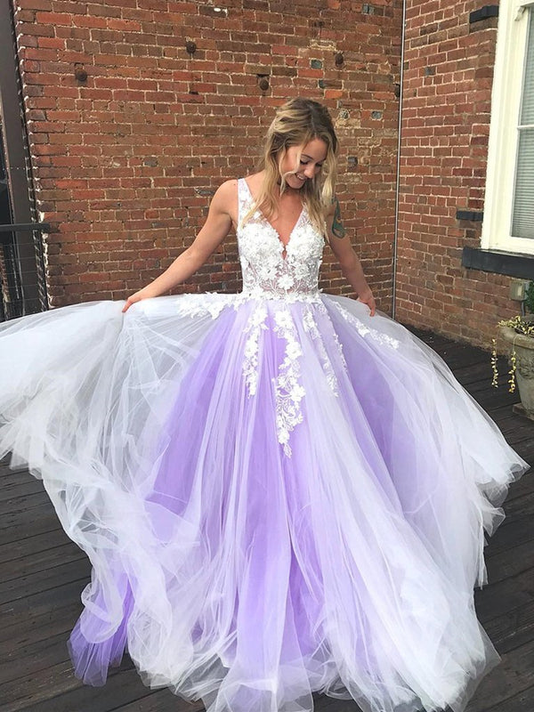 A Line V Neck Backless Purple Lace Prom Dressses, Open Back Purple Lace Formal Evening Dresses A Line V Neck Backless Purple Lace Prom Dressses, Open Back Purple Lace Formal Evening Dresses