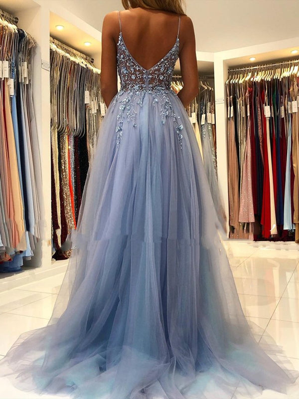 A Line V Neck Backless Smoky Gray Long Beaded Prom Dresses, Open Back - shegown A Line V Neck Backless Smoky Gray Long Beaded Prom Dresses, Open Back - shegown