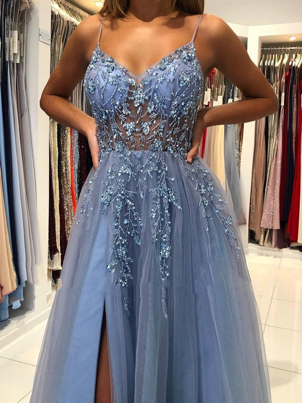A Line V Neck Backless Smoky Gray Long Beaded Prom Dresses, Open Back - shegown A Line V Neck Backless Smoky Gray Long Beaded Prom Dresses, Open Back - shegown