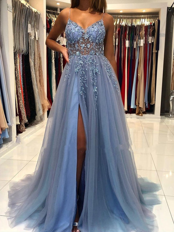 A Line V Neck Backless Smoky Gray Long Beaded Prom Dresses, Open Back - shegown A Line V Neck Backless Smoky Gray Long Beaded Prom Dresses, Open Back - shegown