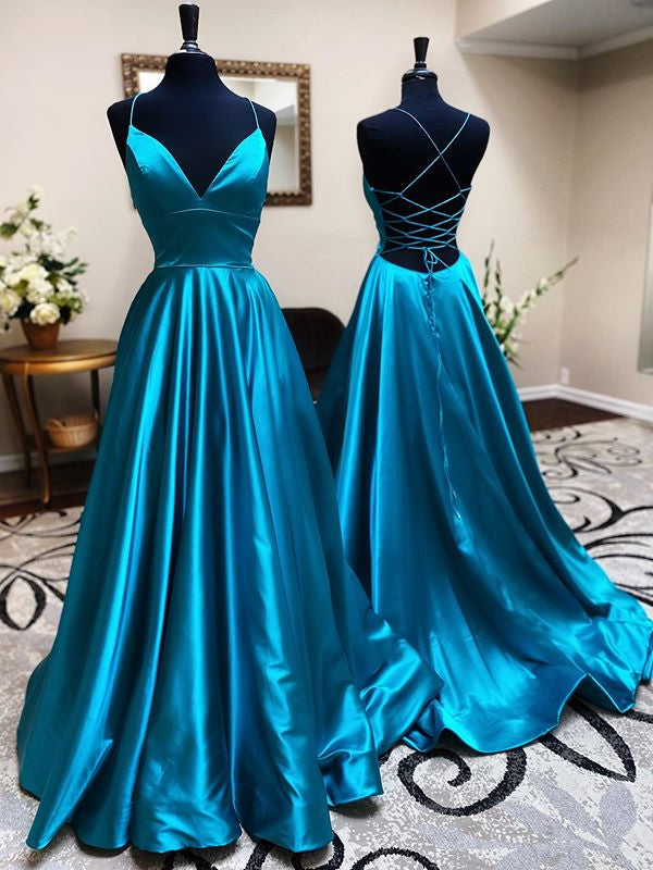 A Line V Neck Blue Backless Long Prom Dresses, Open Back Blue Long For