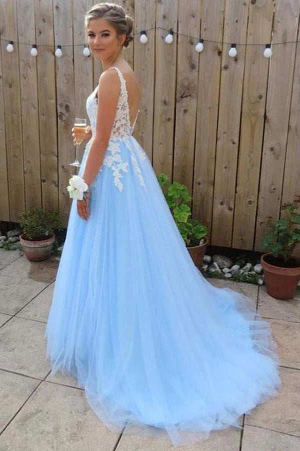 light blue and white prom dresses A Line V Neck Lace Dresses, Blue White Lace Formal Graduation Dresses, US 10 / Custom Color / No Rush Shirt Size:S · 38 royal blue lace prom swatch:midnight-white-stripe 24/7 Online Service.