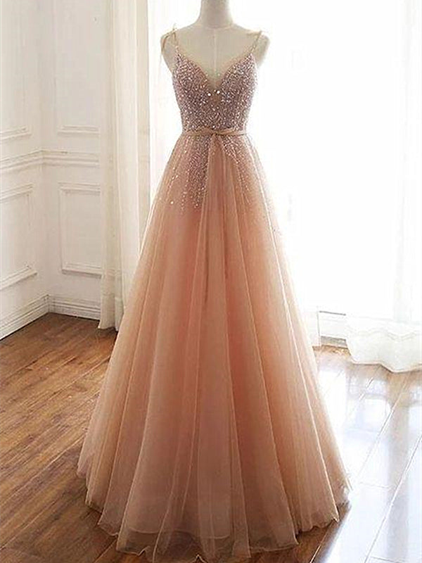A Line V Neck Champagne Tulle Long Beaded Prom Dresses, Champagne Long - shegown A Line V Neck Champagne Tulle Long Beaded Prom Dresses, Champagne Long - shegown