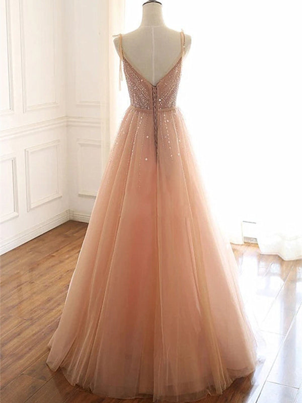 A Line V Neck Champagne Tulle Long Beaded Prom Dresses, Champagne Long Formal Evening Dresses A Line V Neck Champagne Tulle Long Beaded Prom Dresses, Champagne Long Formal Evening Dresses