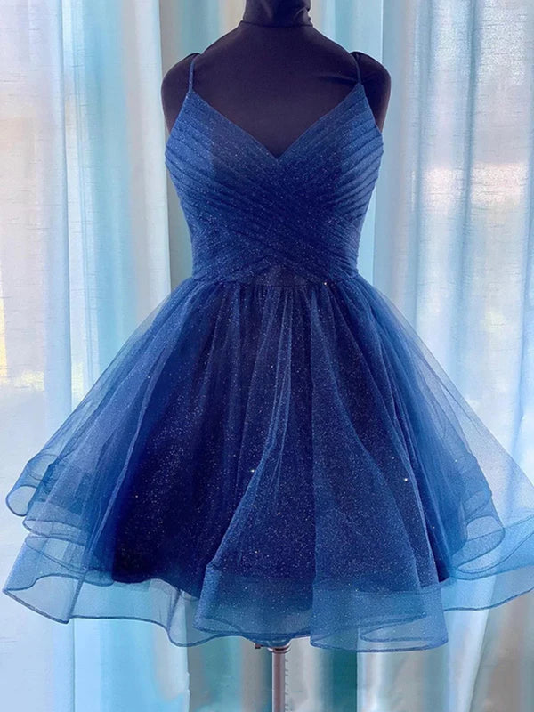 A Line V Neck Dark Blue Short Prom Dresses, Short Blue Graduation Home